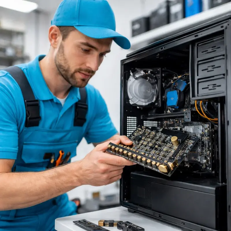 Мастер устанавливает звуковую карту на ПК в Шатуре